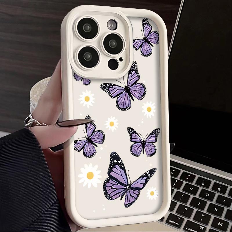 Funda de teléfono artística con mariposa morada para iPhone 16 15 14 13 12 11 SE Plus Pro Max, Silicone shockproof soft case