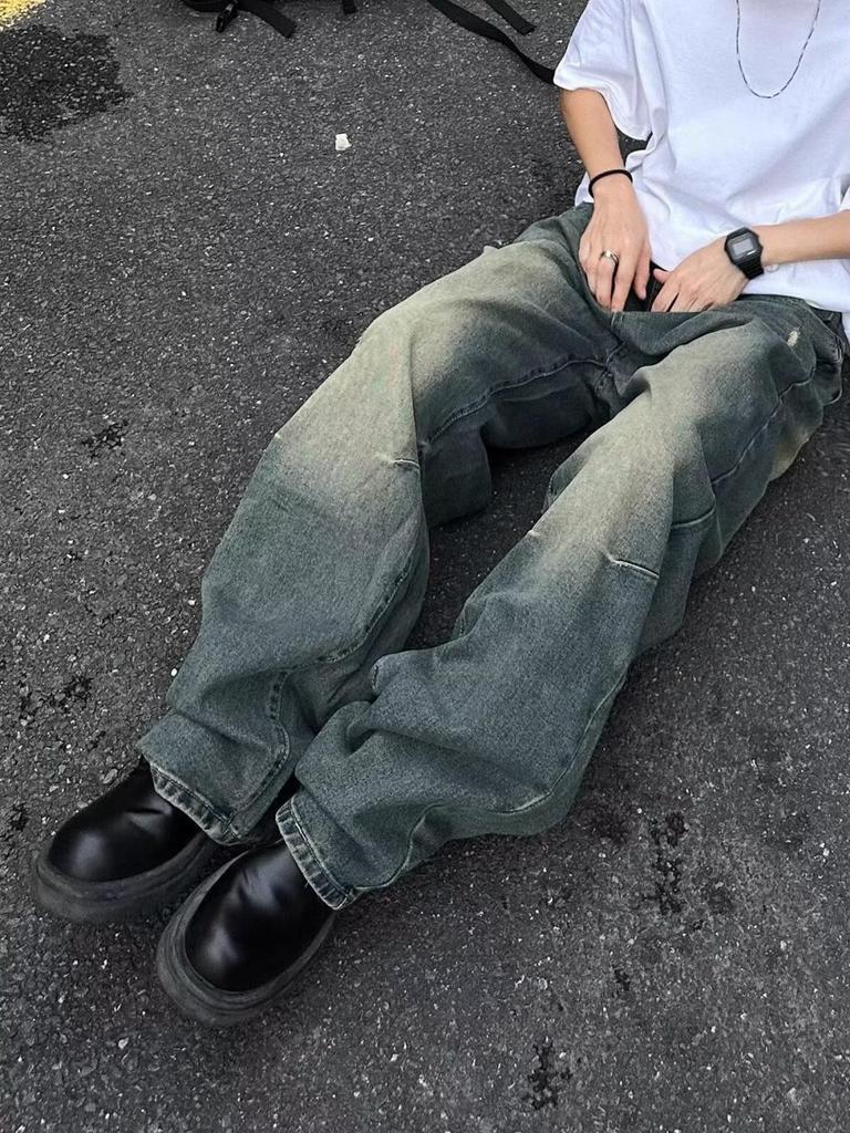 2024 Ретро-стираемые джинсы с широкими штанинами: Повседневные брюки унисекс в американо-японском стиле