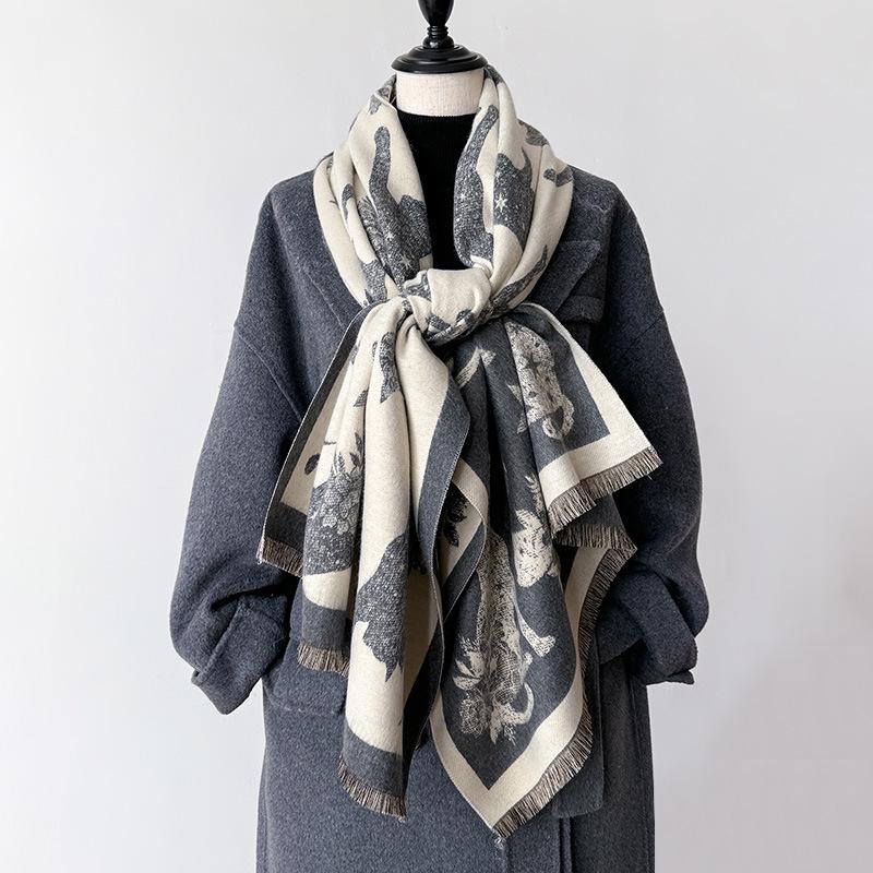 Autumn/Winter Double-Sided Imitation Cashmere Scarf with Cat Silhouette and Starry Sky Design