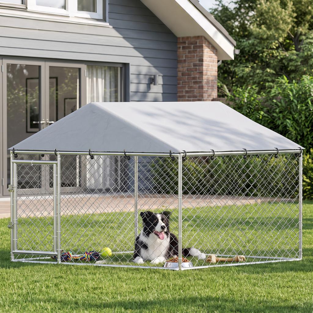 Outdoor Dog Enclosure Made Of Galvanized Steel With PE Roof UV Resistant Waterproof Silver