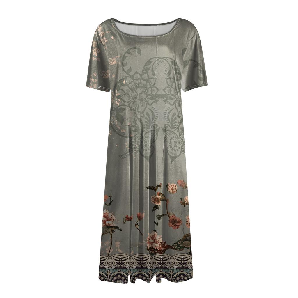 Women's Loose Casual And Fashionable Round Neck Short Sleeved Printed Mid Length Dress