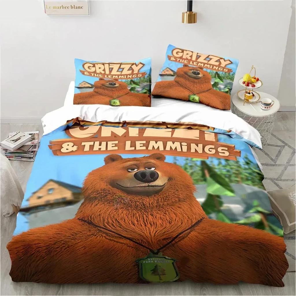 Cartoon Grizzy N Lemmings Bedding Set Duvet Cover Bed Set Quilt Cover Pillowcase Comforter King Queen Size Boys Adult