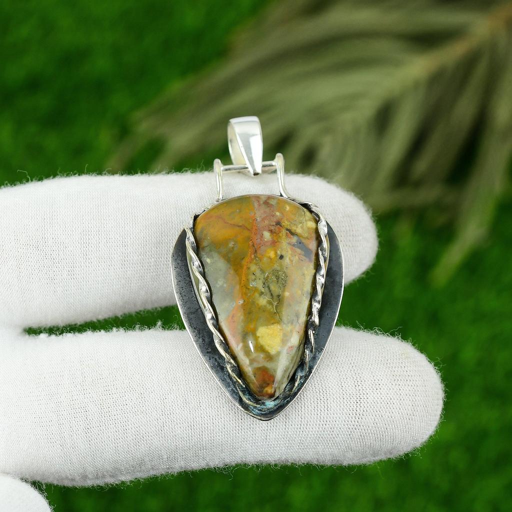 Mothers Day Deal Pear Natural Picture Jasper 925 Silver Birthday Bezel Pendant