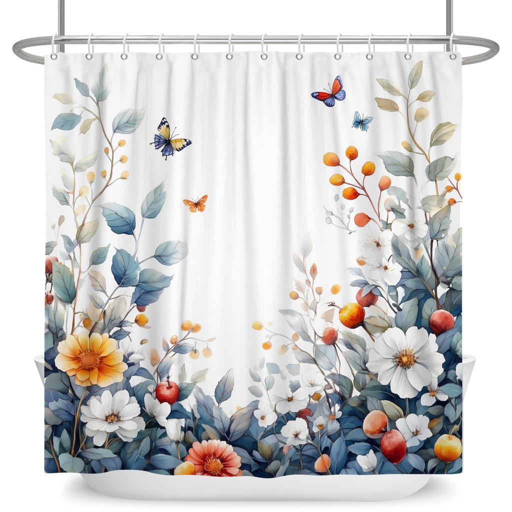 Watercolor Floral Shower Curtain Vibrant Wildflower Butterfly Print Waterproof Bathroom Curtain Decor Polyester With 12 Hooks