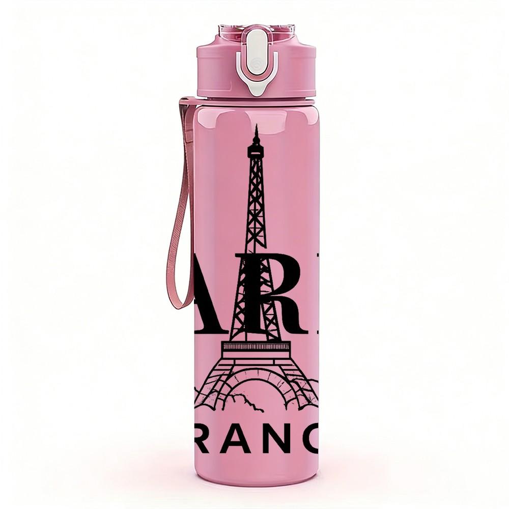 1PC Paris Eiffel Tower Print 750ml Color Plastic Sports Water Bottle Leakproof Flip Straw Lid Suitable for Sports Office Home Use