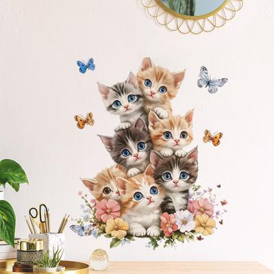 Милые Наклейки на Стену с Кошками, Цветами и Бабочками для Декора Дома, Спальни, Гостиной