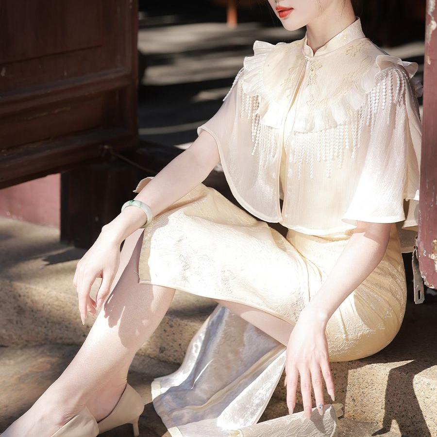 Улучшенное повседневное кружевное платье Cheongsam из двух частей в китайском стиле