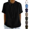 Women's Summer Linen Doll Collar Short Sleeve Loose Solid Color Shirt Casual Button Patchwork Blouse
