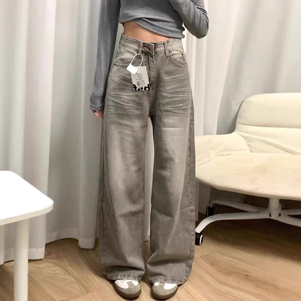 Женские джинсы с высокой талией в стиле ретро, серые, с широкими штанинами - Летние прямые брюки длиной до пола