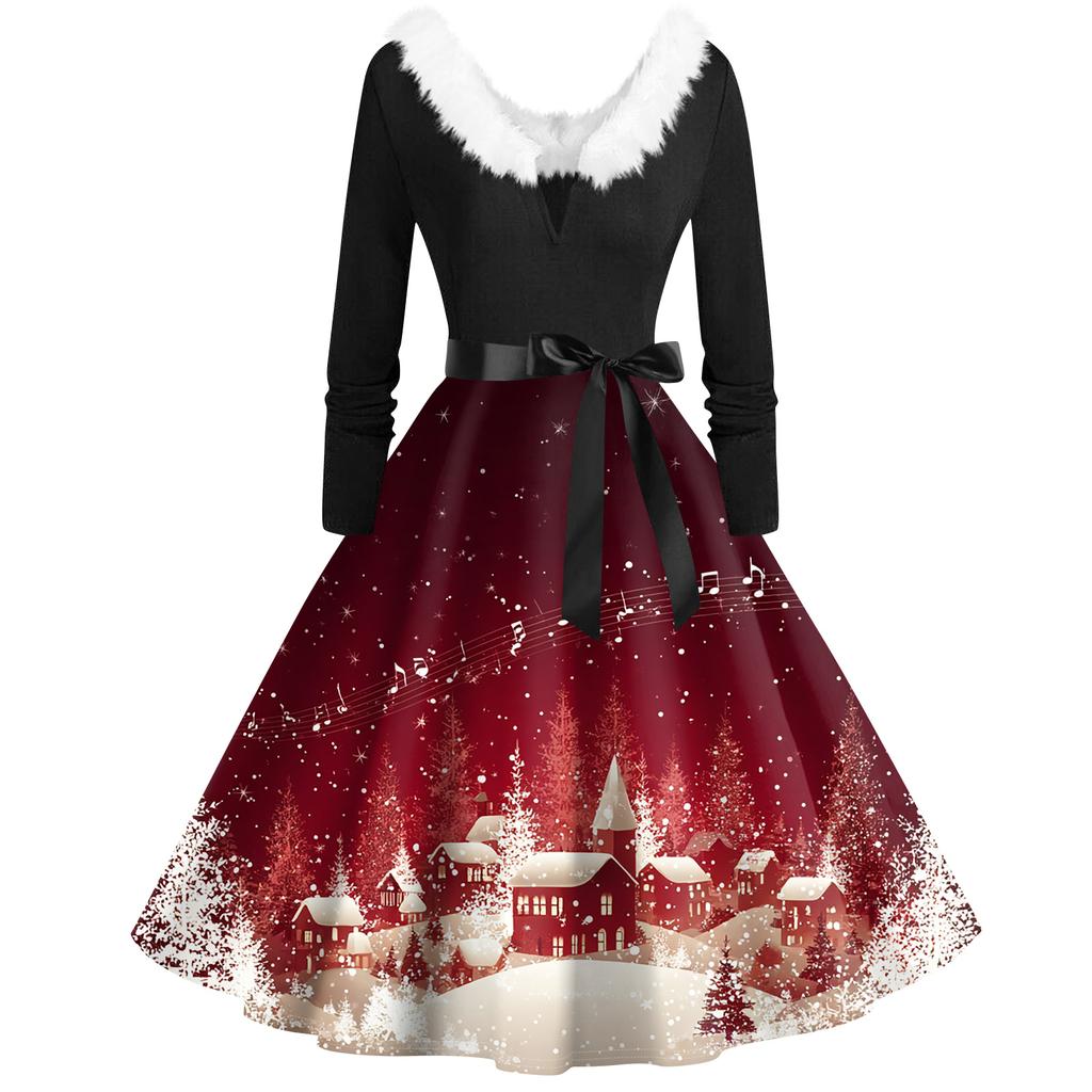 Женская мода с v-образным вырезом, повседневные тонкие рождественские платья с воротником из волос и длинными рукавами с принтом
