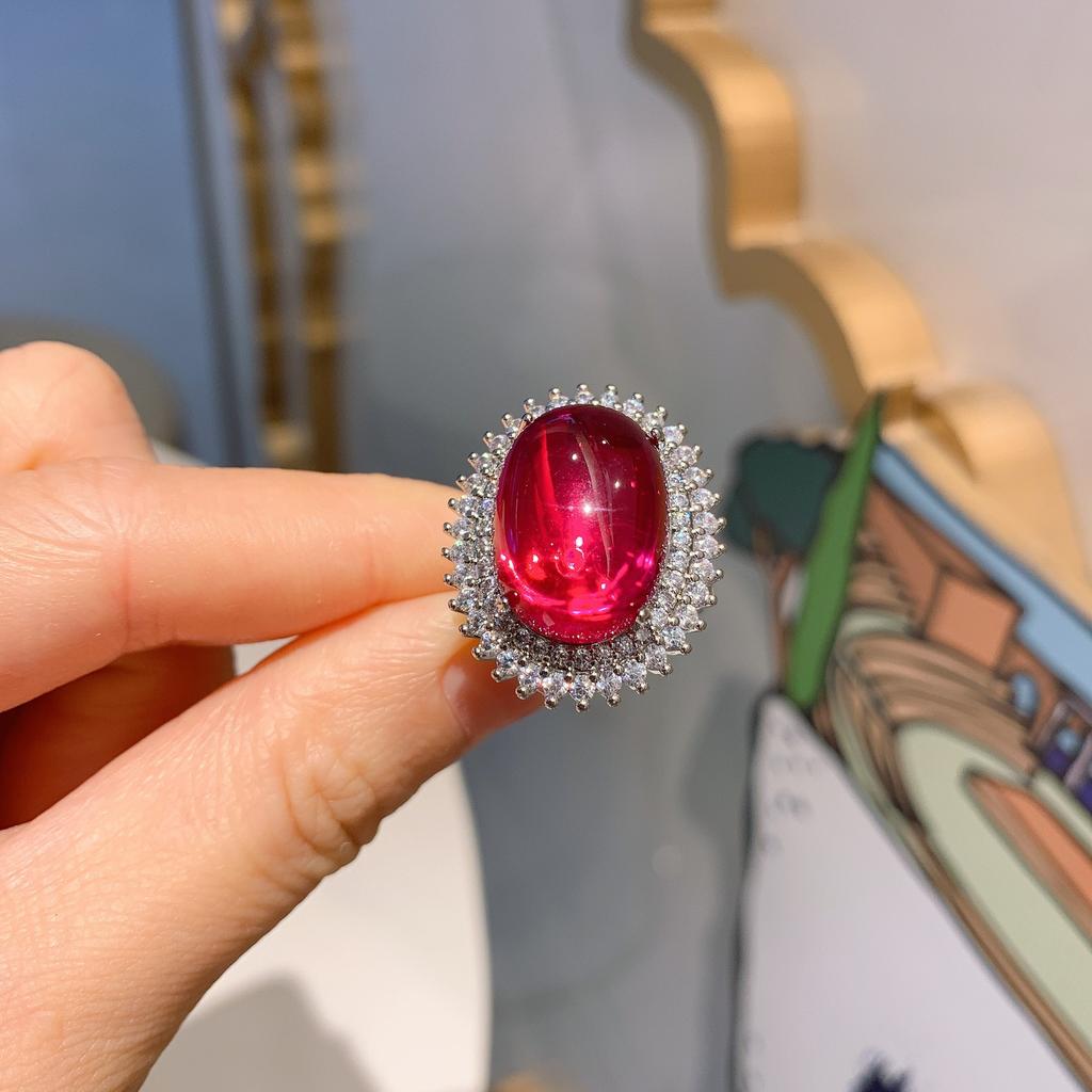 Jewelry Ice Seed Fluorescent Denier Pigeon Blood Red Treasure Plain Ring Women'S Temperament 13 * 18