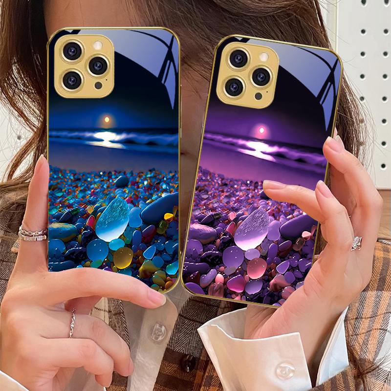 Красочный каменный берег моря Для iPhone 16 16Pro Max 15 P ro 14 13 Plus 12 Mini 11Pro Max XS Max XR Золотой чехол для телефона из закаленного стекла