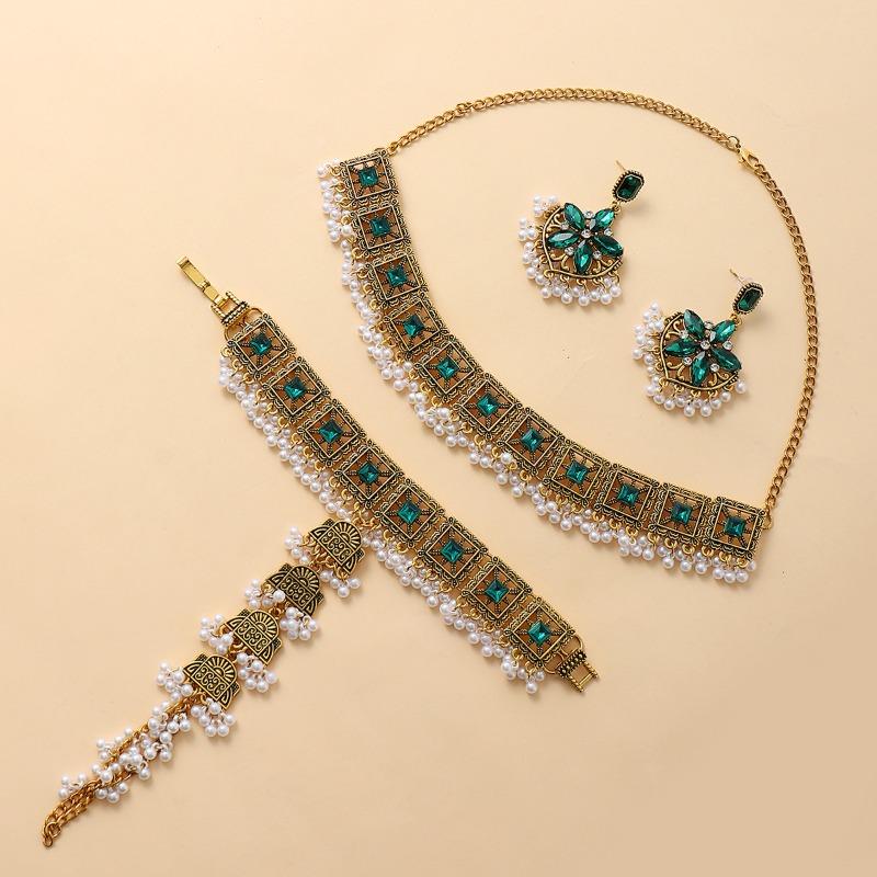 Vintage floral tassel bracelet, earrings, and necklace set - bohemian ethnic jewelry