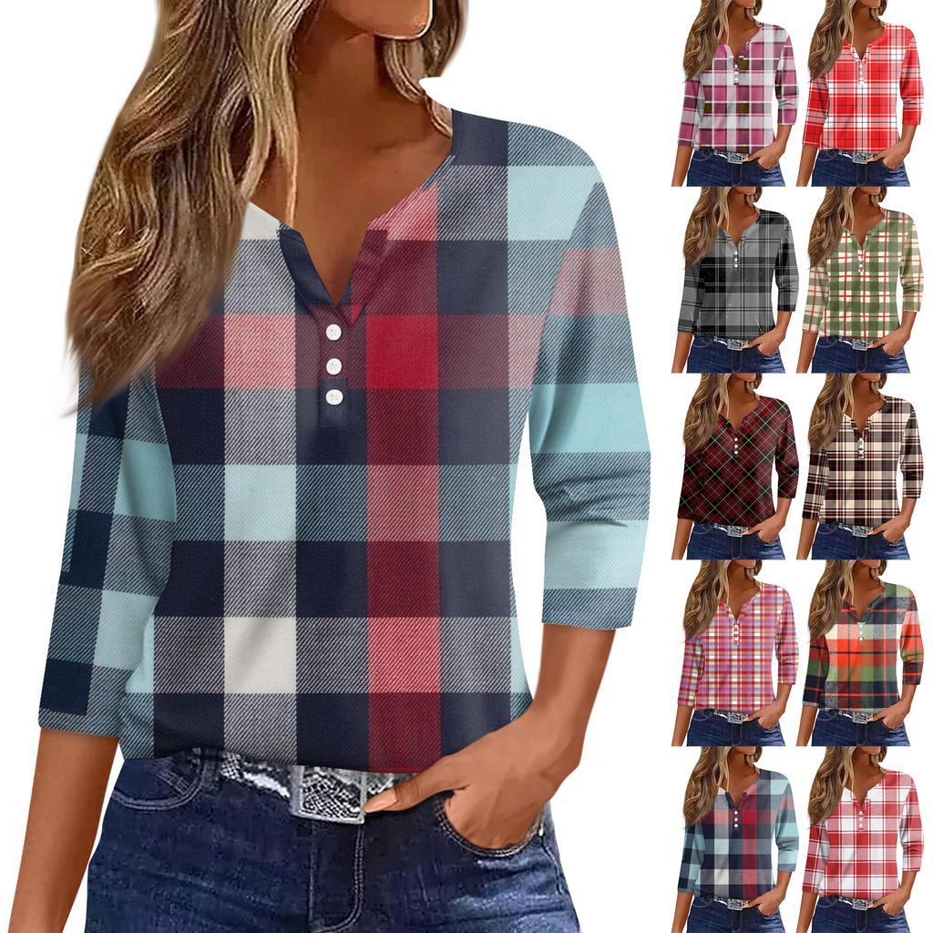 Women's T Shirt Tee Printed Button 3/4 Sleeve Tunic Daily Weekend Fashion Basic V- Neck Regular Top