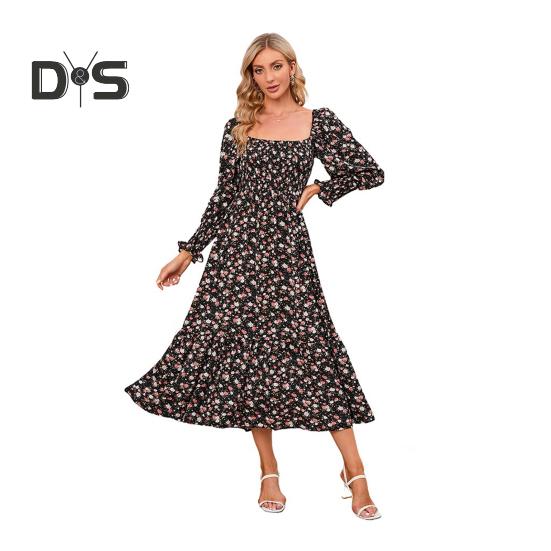 Женское платье с длинными рукавами, цветочным принтом, А-силуэтом, квадратным вырезом, миди-платьем, эластичным бюстом, открытой спиной, плиссированным подолом, весна-осень
