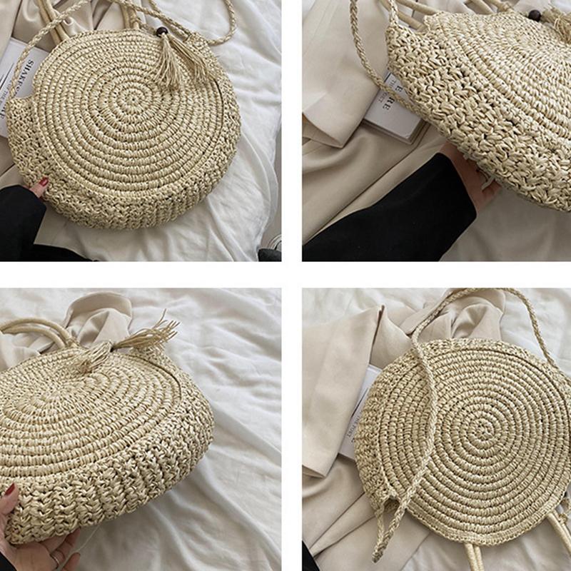 Yogodlns Летняя пляжная сумка, круглые соломенные сумки для женщин, сумка на плечо из ротанга, дорожная тканая сумка ручной работы, большая вместительная женская сумка-шоппер