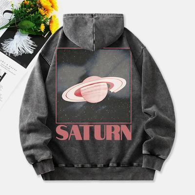 Худи Saturn Washed Женские Ретро Принты Планет Хлопок Уличная Одежда Удобный Карман Оверсайз Женская Одежда