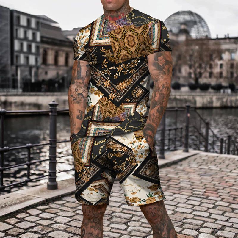 Мужские летние трендовые комплекты 2023 года, винтажные спортивные костюмы с 3D-принтом, мужская спортивная одежда, повседневные шорты, футболки, спортивный костюм, мужской свободный размер