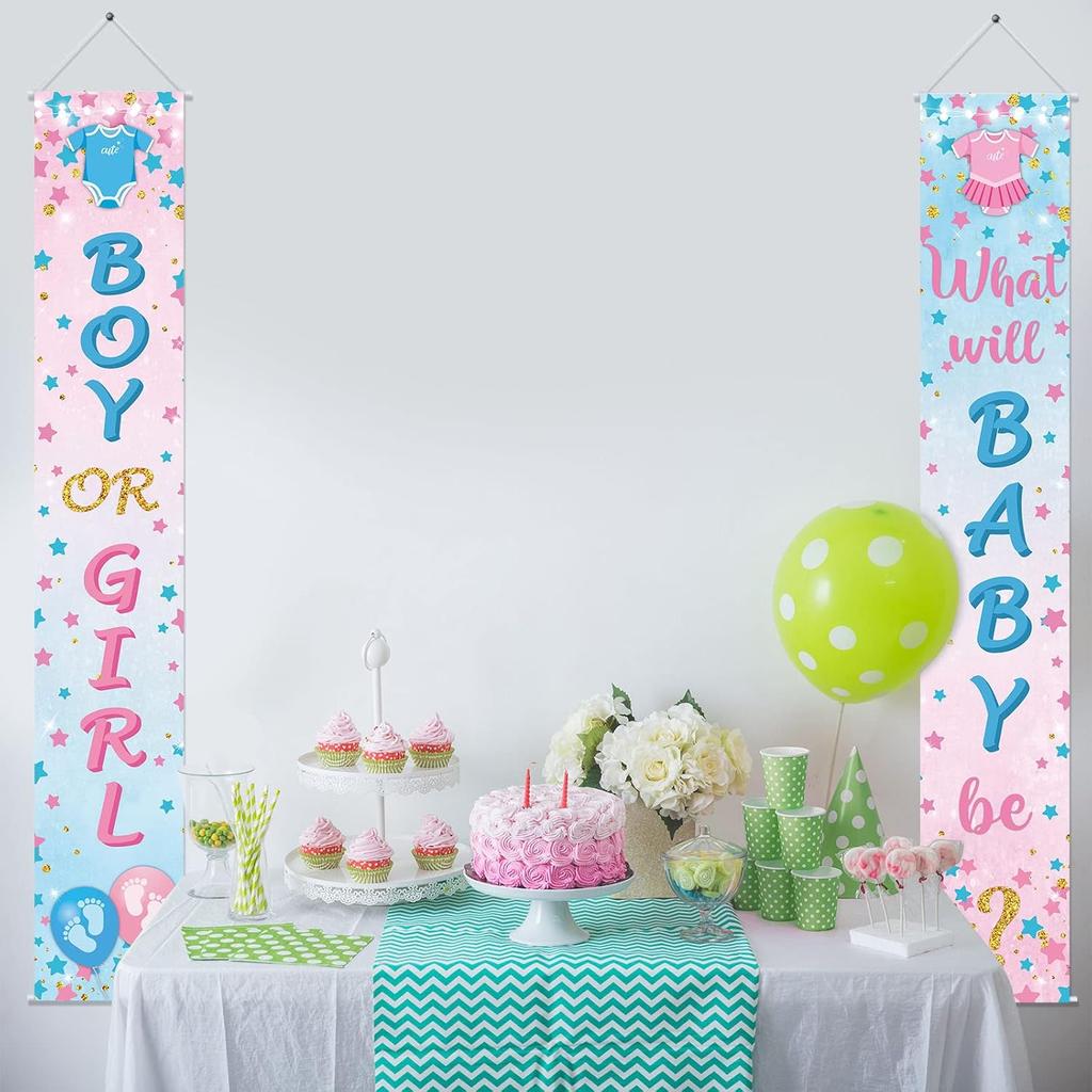 Buryeah 2 Pcs Gender Reveal Door Decorations Boy or Girl Porch Signs Gender Reveal Door Hangers Banner He or She Porch Signs for Baby Shower Party