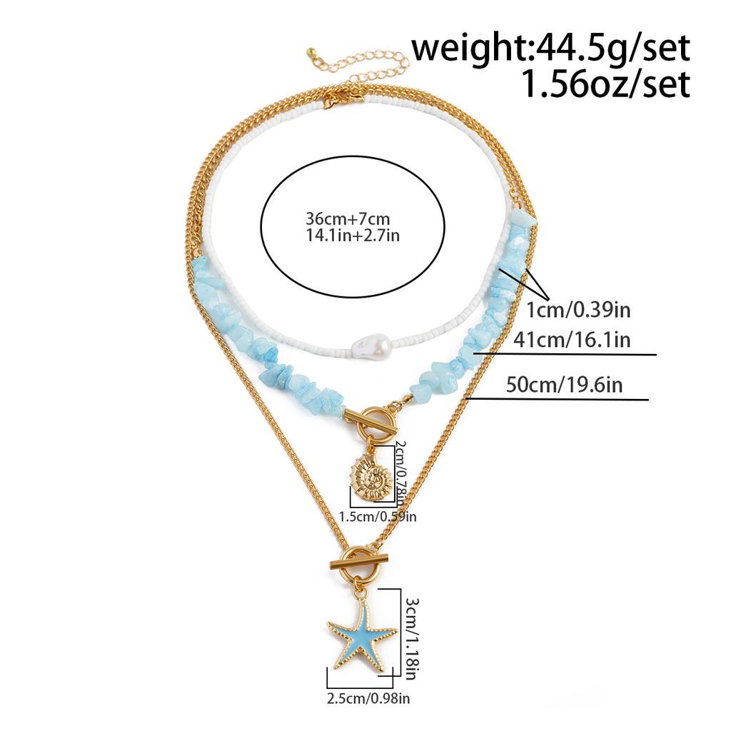 3Pcs/Set Irregular Blue Stone Chain Necklace Women Boho Conch Starfish Pendant Y2K Jewelry Beads Choker