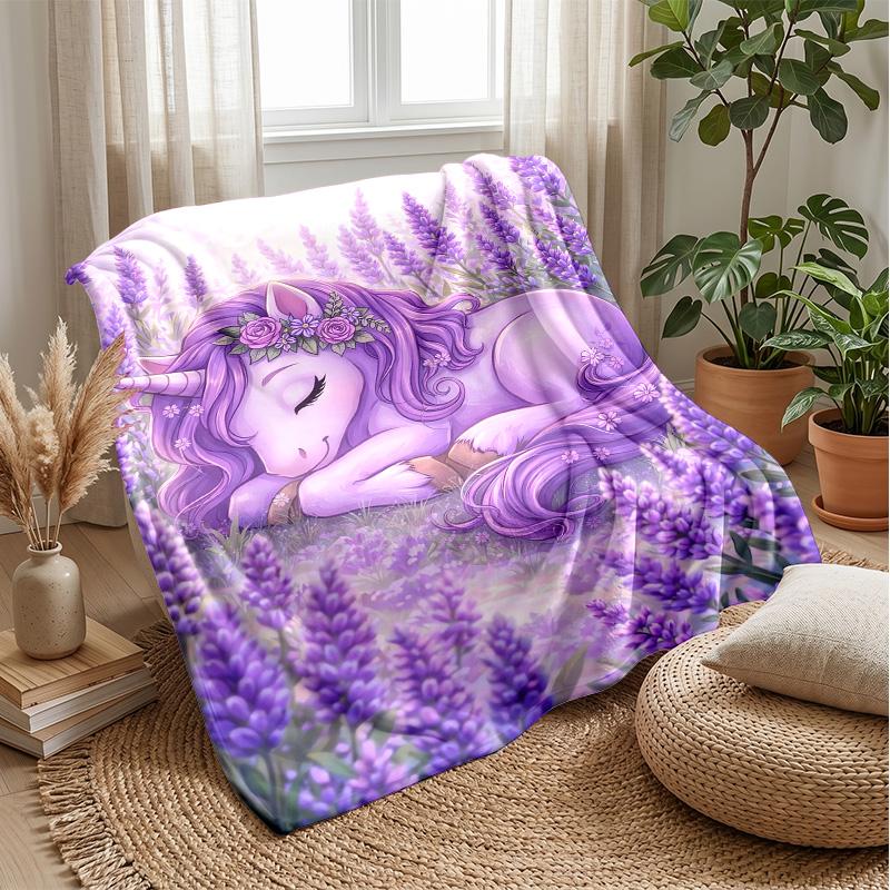 Purple Unicorn Sleeping in Lavender Theme blanket Lightweight Warm Flannel Blanket Decorative Throw Blanket for Home Decoration