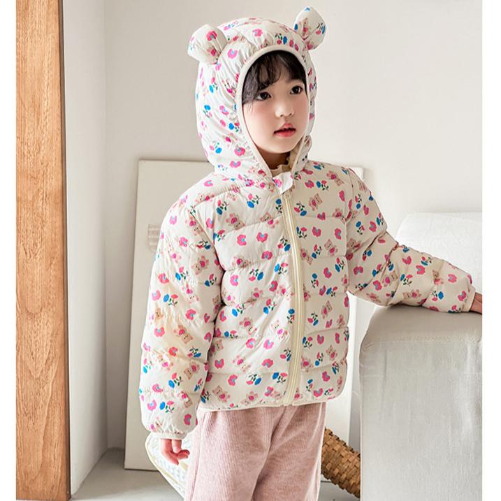 Осень милые пальто с цветочным принтом теплая детская одежда на хлопковой подкладке модный стиль синий зимний укороченный пуховик для маленькой девочки