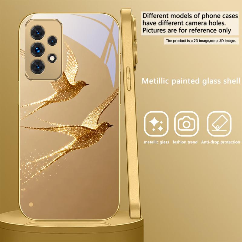 golden flying bird For Samsung A 31 32 A33 A34 35 14 A15 13 A16 25 26 50 52 53 54 55 56 70 71 72 73 Golden glass phone case