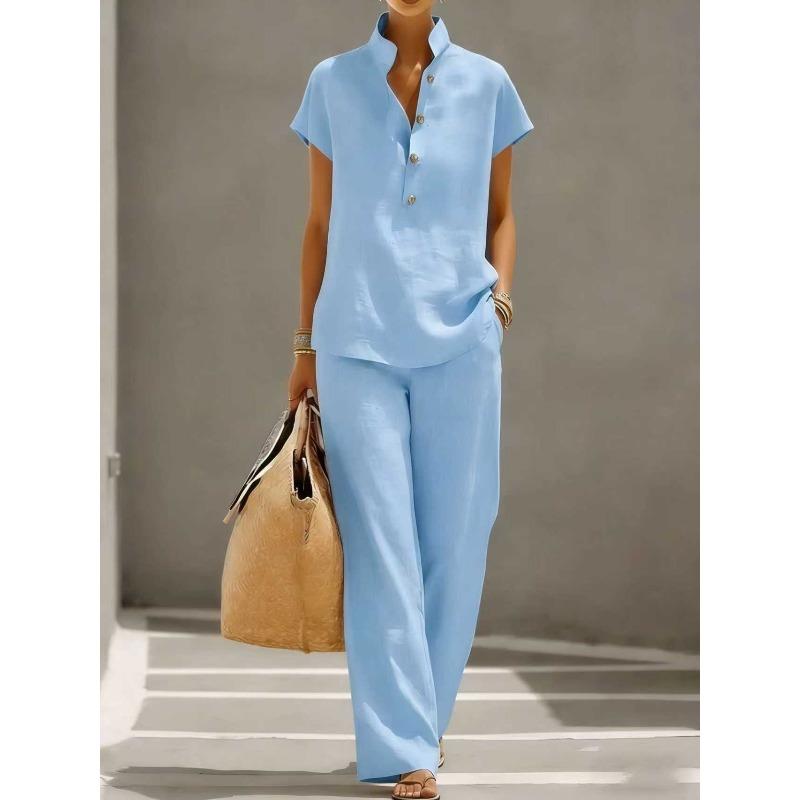 GMXIA Women's Fashion POLO Neck Casual Short Sleeve Pants Suits