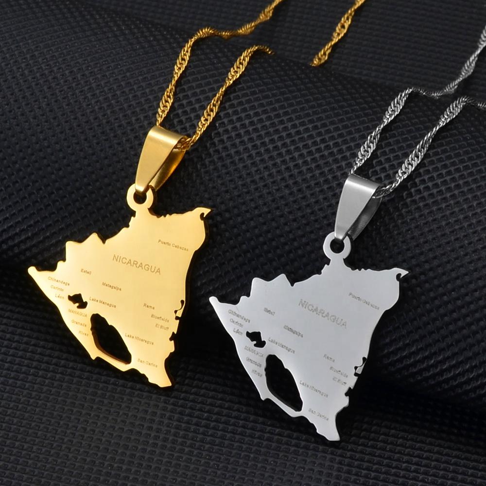 Nicaragua Map with Cities Stainless Steel Necklace Trendy Silver/Gold Pendant for Weddings Engagements Parties-Gift Idea #266821