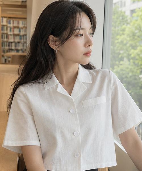 KOLEAT Linen White Slim Short Sleeve Shirt [Crop]