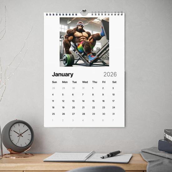 Календарь на стену 2026 Смешной календарь фитнеса Сасквотча 12-месячный календарь Юмористический подарок-прикол на спортивную тематику для мужчин, поклонников криптидов, любителей фитнеса