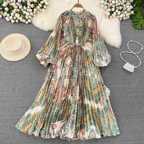 Платья Temperament Lantern Длинные рукава Круглый вырез Тонкий однобортный принтованное платье Элегантные винтажные шикарные женские платья