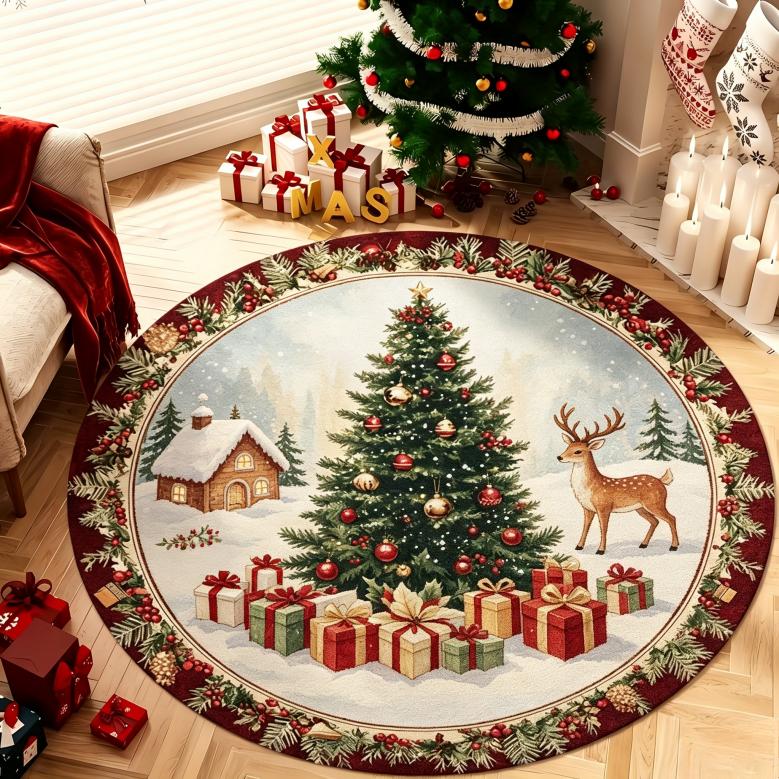 Vintage Christmas Round Floor Rug  Snowy Winter Cabin Reindeer Xmas Tree Present Pattern Decor Area Rug for Indoor Home Ornament