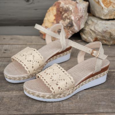 Модные сандалии женские плетеные узел пуговица ремешок на щиколотке танкетка льняная танкетка летние элегантные каблук платформа женская обувь