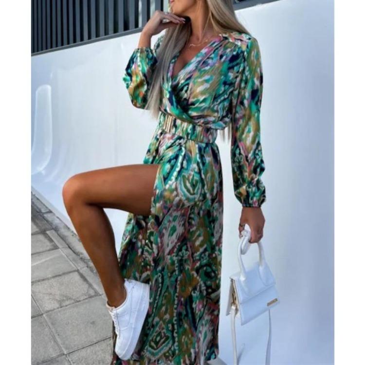 Богемное длинное платье с цветочным принтом, элегантное платье-свинг с глубоким V-образным вырезом, длинными рукавами и высоким разрезом, с поясом, женские пляжные платья, сексуальное