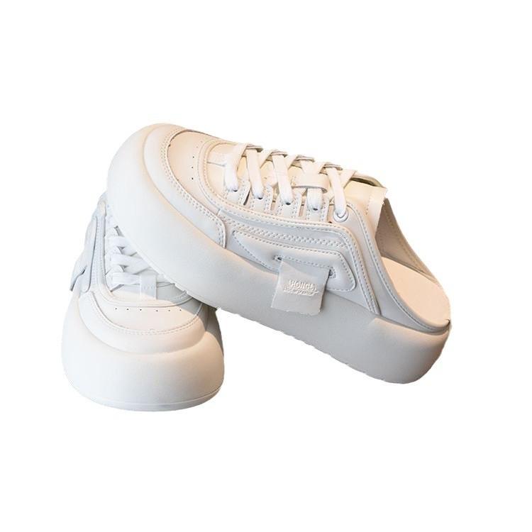 Тапочки-полушапки с ленивым носком, женская летняя одежда 2025 года, новые белые туфли с круглой головкой, одна педаль, без каблука, обувь для доски с большой головкой