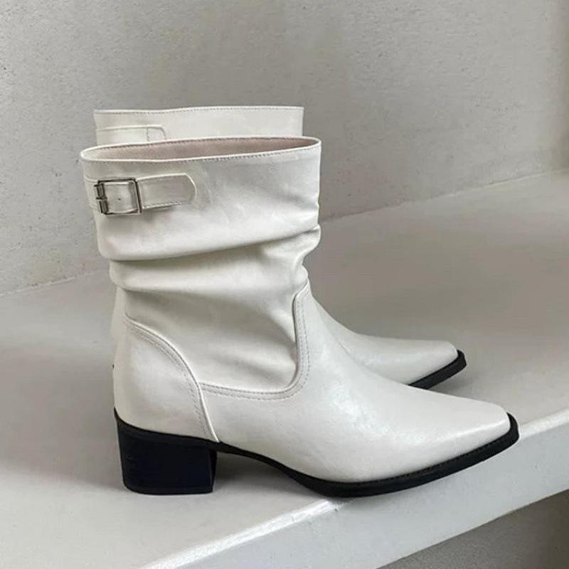 2025 Autumn and Winter New Fashion Retro Pointed Pleated Piled Boots Femininity Thick Heel Western Cowboy Boots