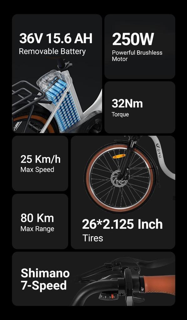 DYU C6 PRO Long Distance Electric Commuter Bike | 72km Range, 36V 15.6Ah Battery - 250W Motor, 26-inch All-terrain Tires