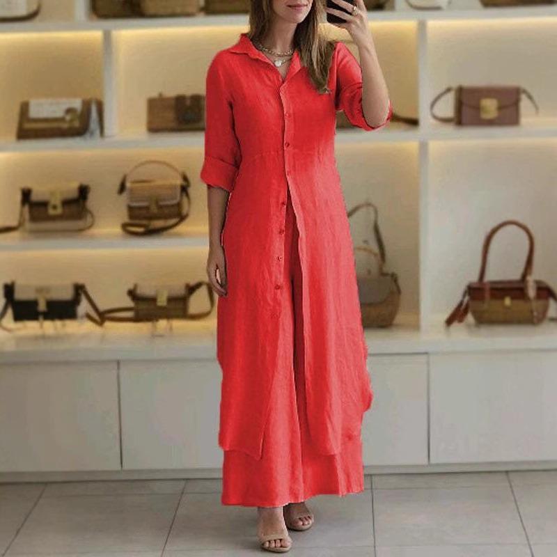 European and American Women's Clothing New Summer and Autumn Urban Elegance Cotton and Linen Slim Waist Long-sleeved Shirt Wide-leg Pants Suit Women