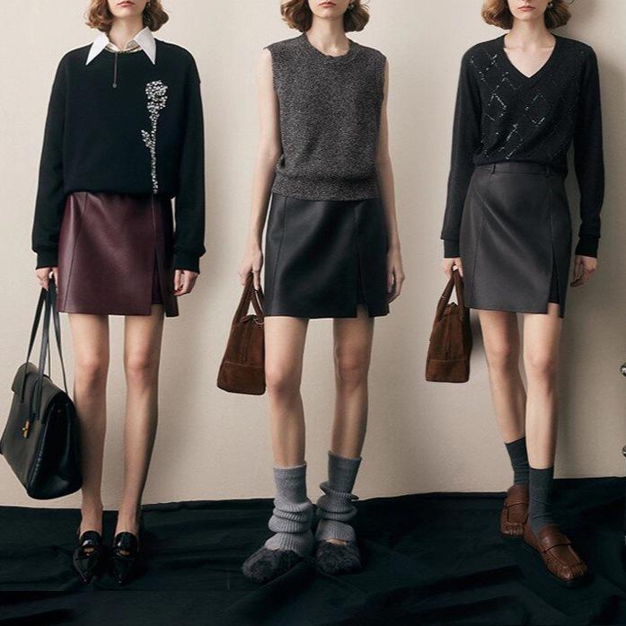 Женская ретро кожаная юбка А-силуэта с разрезом - Маленькая летняя коллекция 2025