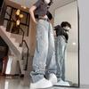 Ретро Звезда Синие джинсы Женские Корейские Ins Высокая талия Прямые Широкие Брюки Tide Мешковатые Джинсы Женские