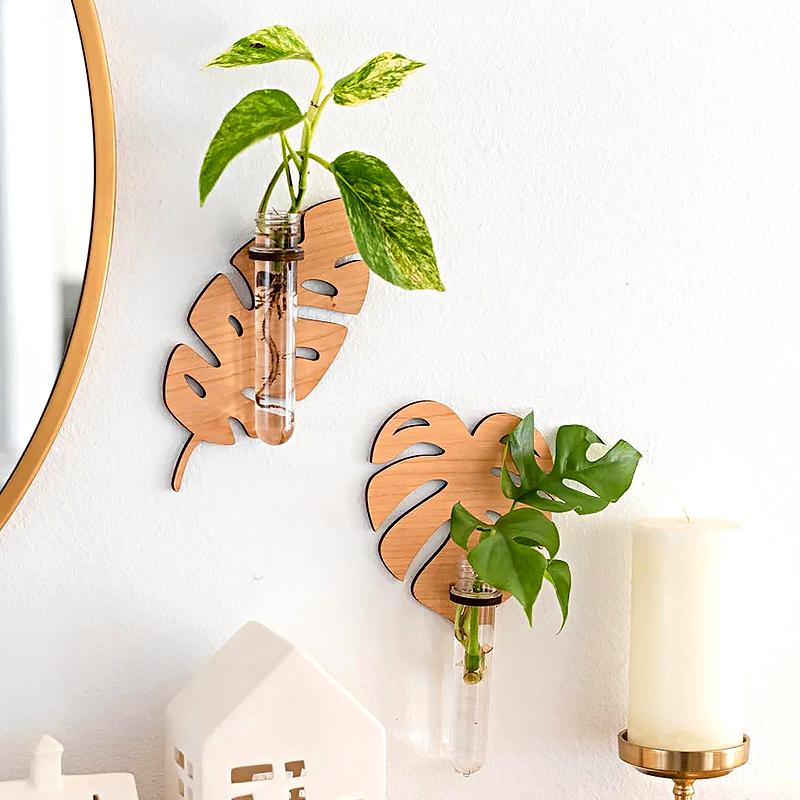 1PC Wall Planters Home Decor Wooden Bohemian Plant Hangers Wall-Mounted Plastic Tube Leaf Shape Hanging Shelf