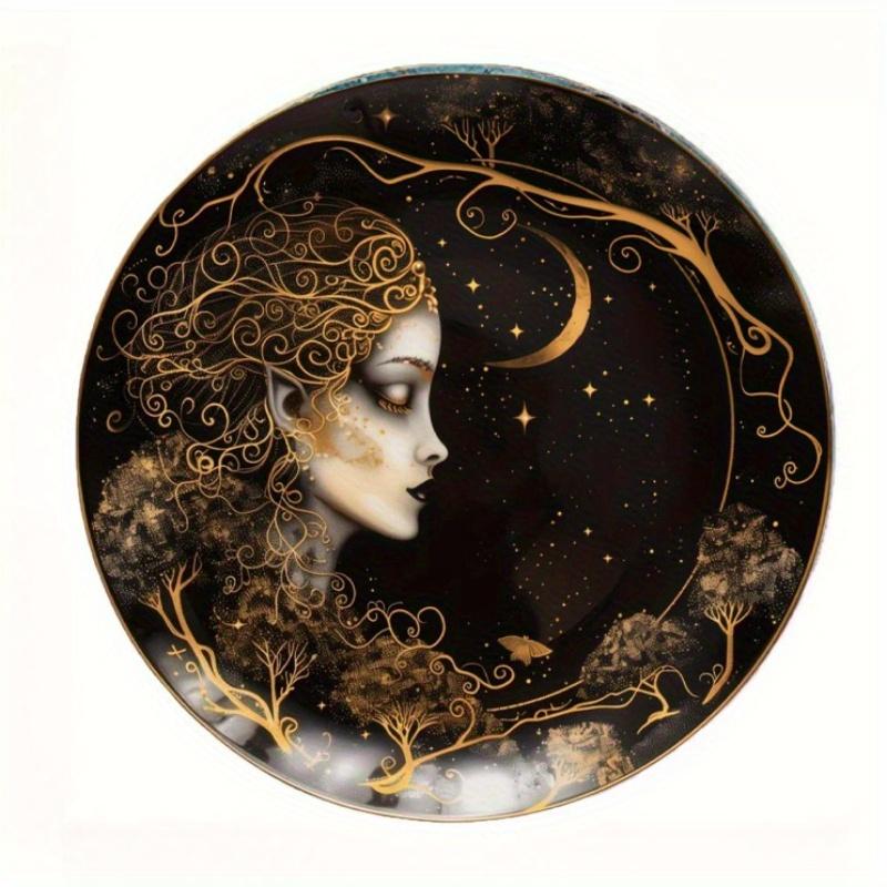 2d Flat 20*20cm, Round Wooden Wall Decorative, Moon Goddess Sign, Entrance Decor Gift, Moon Pendant Room Balcony Window, for Cafe, Club, Home, Room.