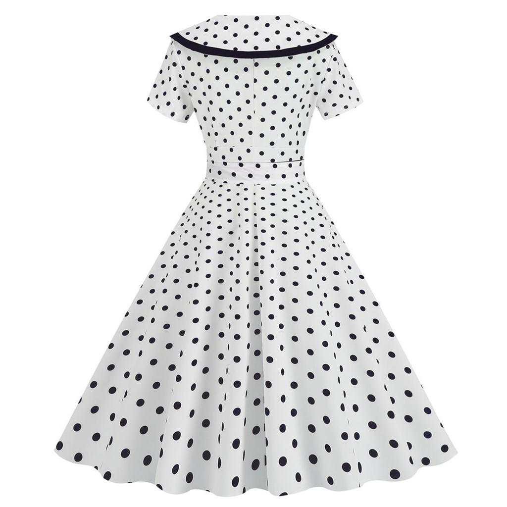 Women's Fashion Lapel Vintage Polka Dot Print Maxi Dress With Belt