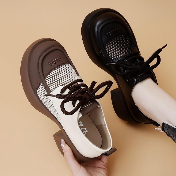 Women Chunky Platform Pumps Female Spring Pu Leather High Heels Loafers Woman Round Toe Lace Up Breathable Hollow Single Shoes
