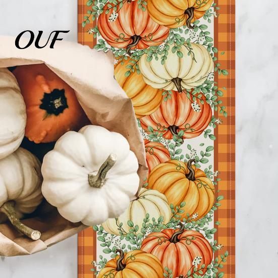 Скатерть-дорожка для столовой, Thanksgiving Harvest Runner, Лен с принтом Осенние тыквы и кленовые листья, Длинный флаг, Сезонное декоративное украшение для дома