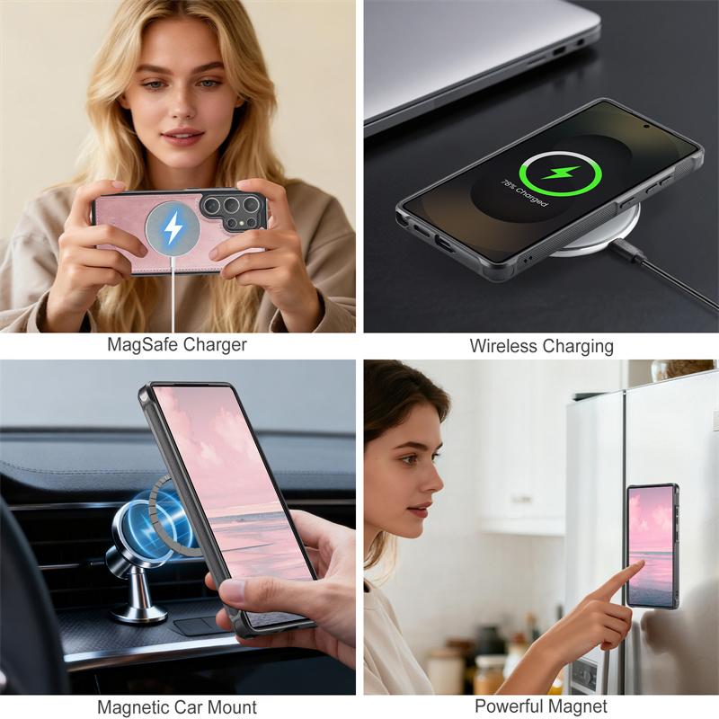 Кожаный чехол-книжка с магнитной застежкой Magsafe для Samsung Galaxy S25 Ultra S25 Edge S24 FE S24 Plus Беспроводная зарядка Кошелек Кармашек для карт Задняя крышка Etui