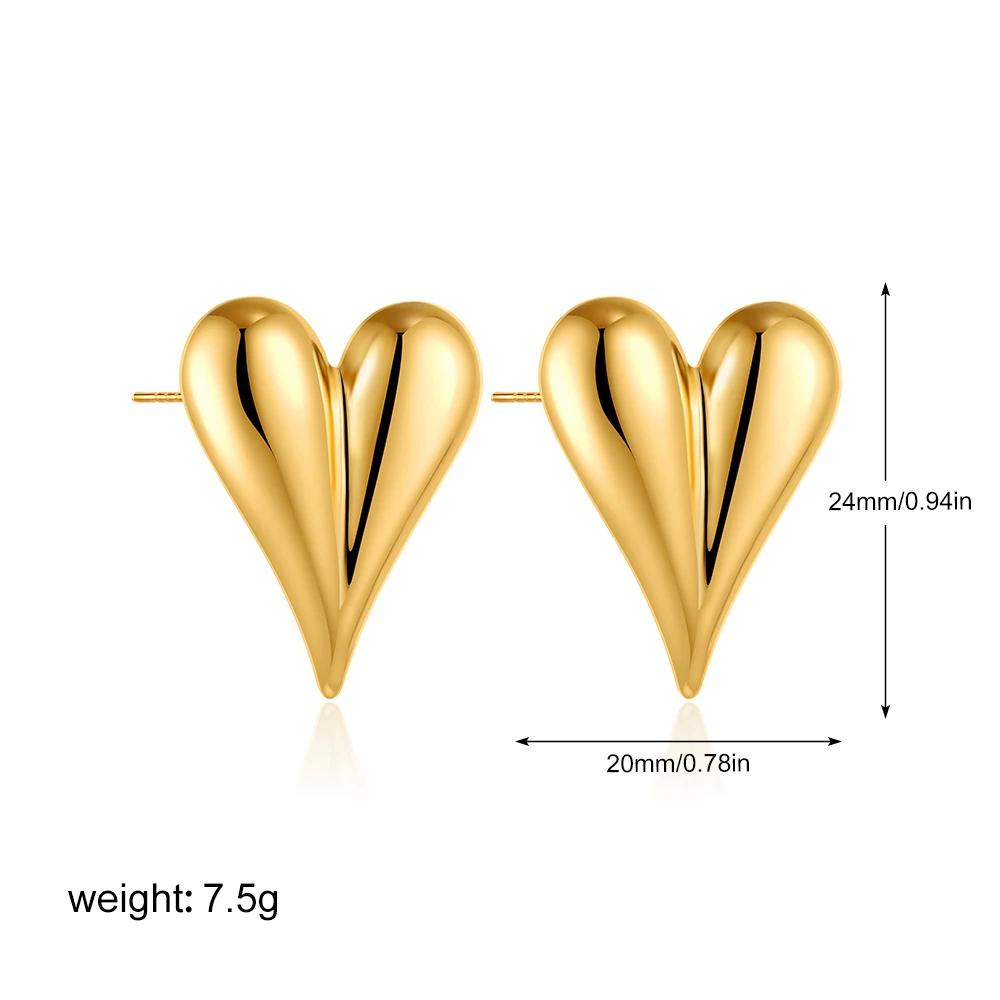 Trendy Fashion 18K Gold Plated Slender Heart Shape Stud Earrings for Women Punk Stainless Steel Zircon Party Gifts