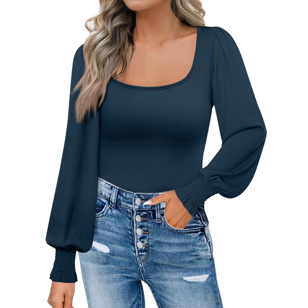 Women's Fashion Casual Square Neck Slim Bubble Long Sleeve Solid Color Top