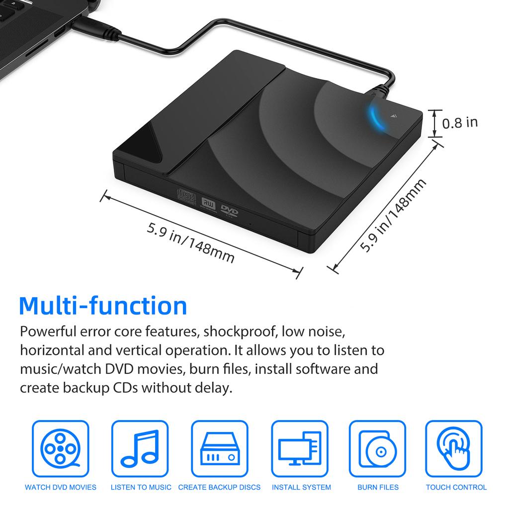 External CD/DVD Drive, USB 3.0 Type-C DVD +/-RW Drive for Laptop, CD DVD Burner, Slim Portable CD DVD Player for Laptop Desktop PC Windows 10/8/7